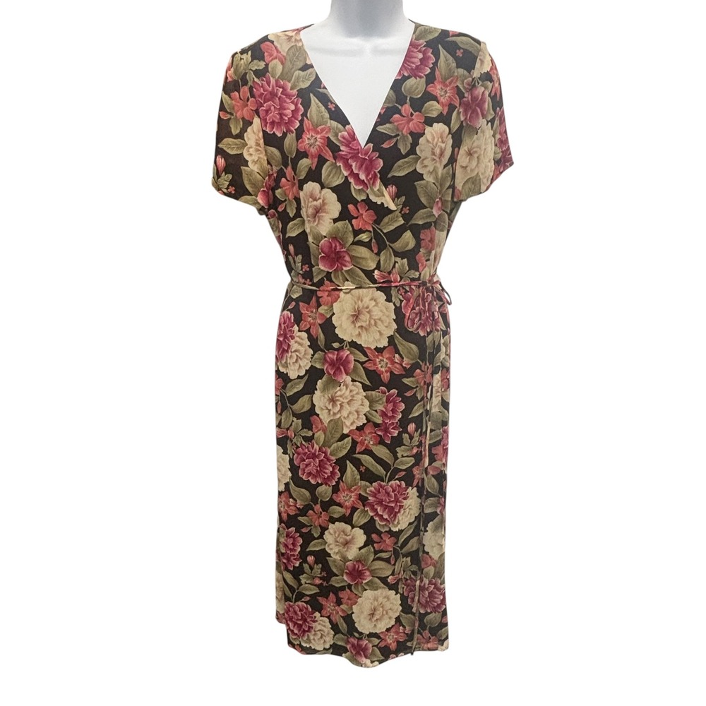 Dana Buchman 100% Silk Floral Wrap Midi Dress Black Pink Short Sleeve Size 4 VTG